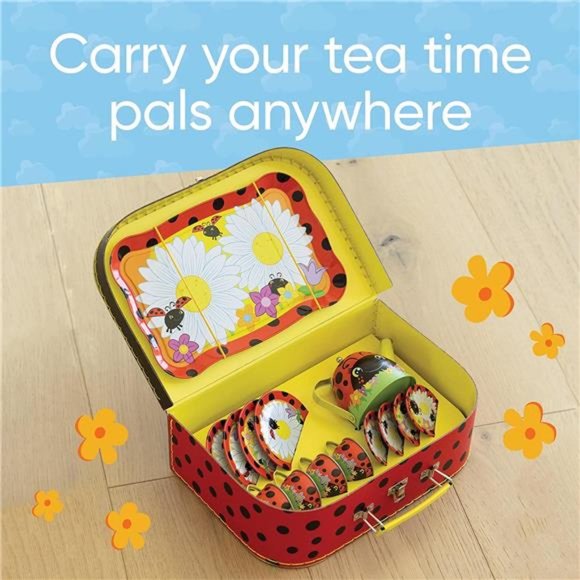 15-Piece Ladybug-Themed Pretend-Play Tin Tea Set,Includes Teapot,4 Plates,4 Cups - Picture 6 of 7